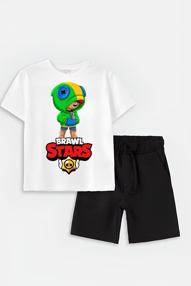 Children's White Brawl Stars Printed Shorts T-Shirt Bottom Top Set 100% Cotton