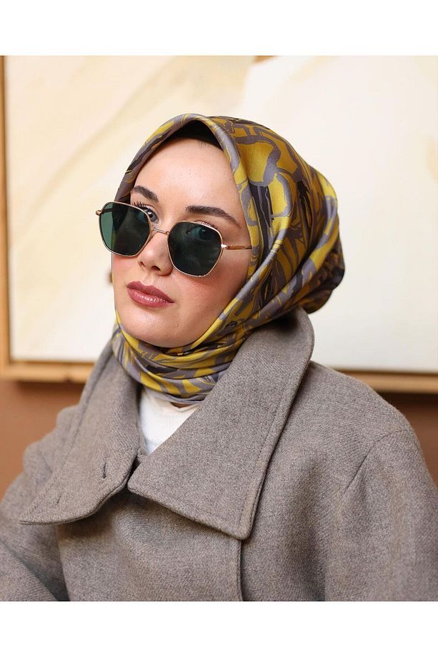 Sarı Gri Soyut Çiçek Desenli Tivil İpek Eşarp - 3