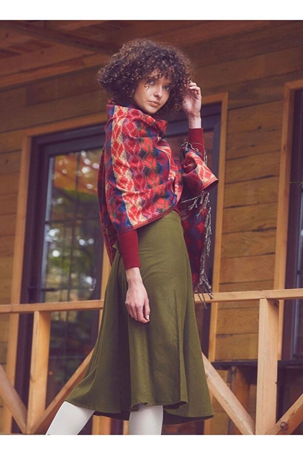 Haki Midi Boy Kloş Bohem Anvelop Etek - 5