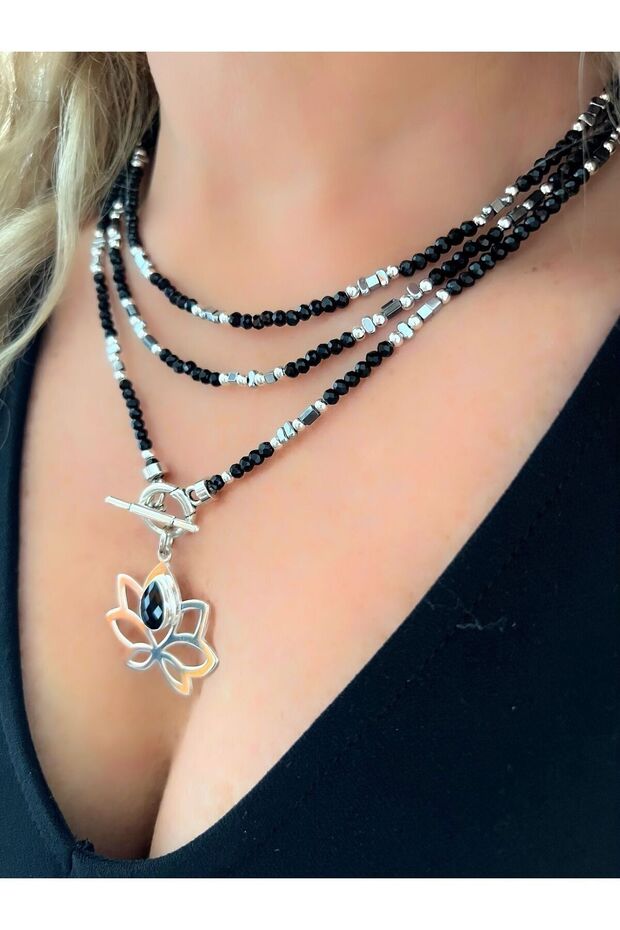 925 Ayar Gümüş Lotus Çiçeği Onix Taşlı Set Doğaltaş Takı - 6