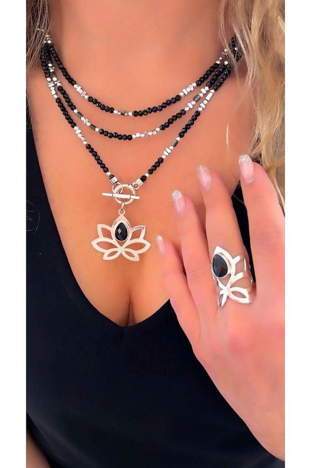 925 Ayar Gümüş Lotus Çiçeği Onix Taşlı Set Doğaltaş Takı - 1