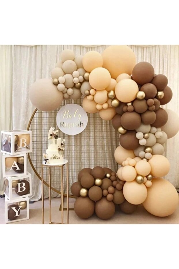 Baby White Boxed Pastel Brown Cream and Beige Gold Chrome Balloon Chain Birthday Balloon Set