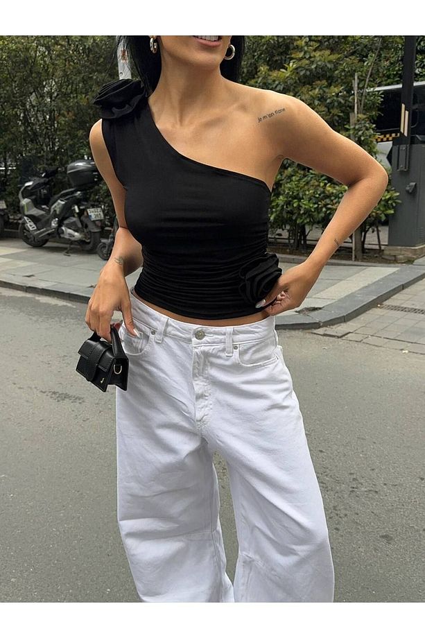 Kadın Tek Omuz Çift Güllü Bluz - 3