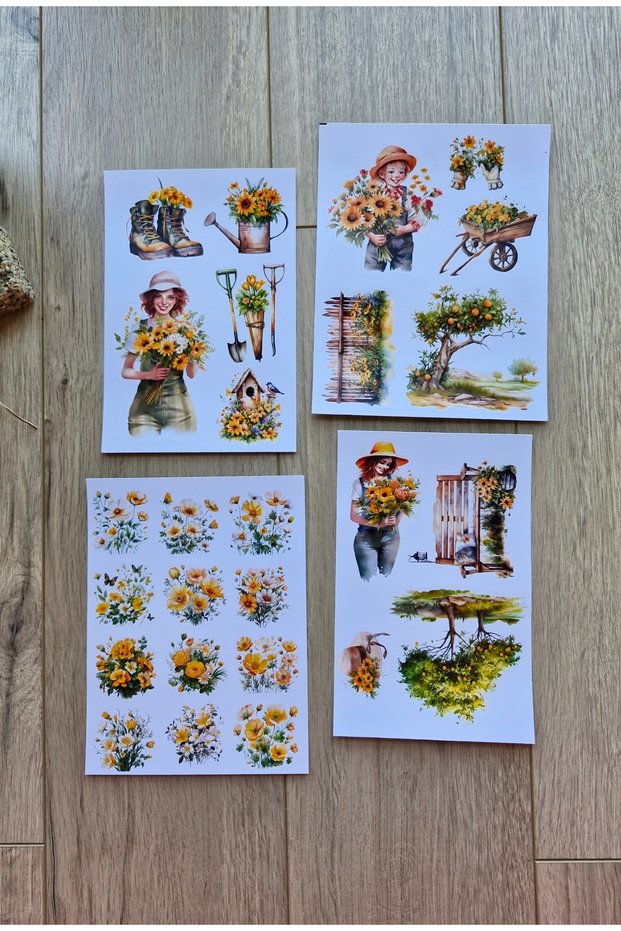 4 Sheets 25 Pieces Yellow Themed Sticker Set Sunflower Girl Sticker Flower Tree Country