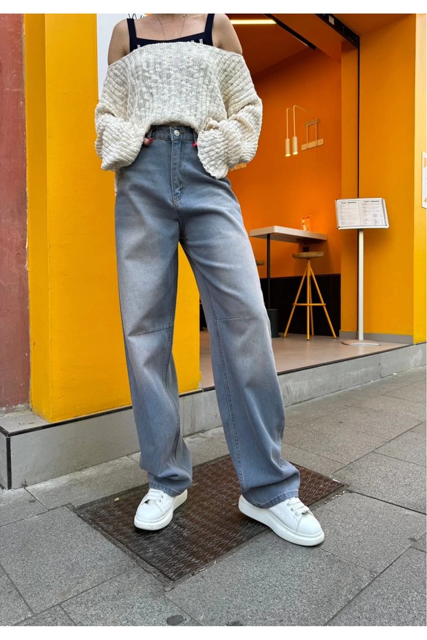 Blue Buckle Detail Loose Fit Wide Leg Comfortable Baggy Jean Denim Loose Women's Trousers - chouze