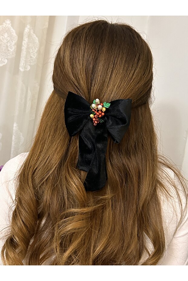 Bym220 Velvet Christmas Embroidered Bow Hair Clip