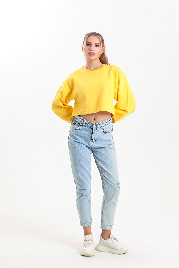 Sarı Oversize Crop Sweatshirt - 2
