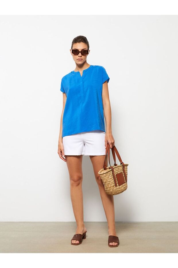 Lcwaikiki Classic Crochet Collar Plain Short Sleeve Women's Blouse (S2)