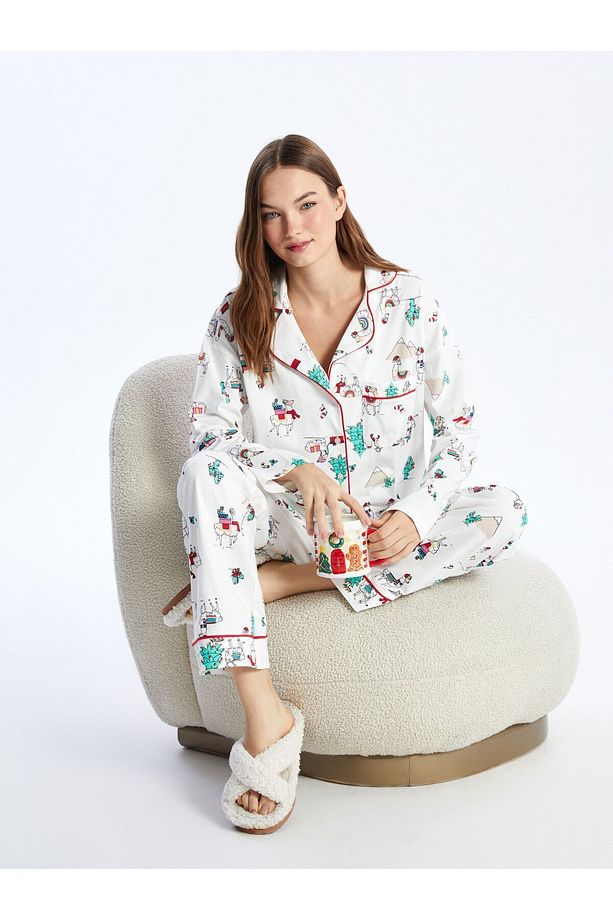 Gömlek Yaka Yılbaşı Temalı Uzun Kollu Kadın Pijama Takımı - 2