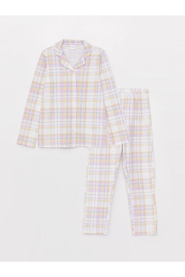 Shirt Collar Plaid Long Sleeve Girls Pajama Set