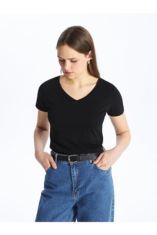 Black V-Neck Plain Short-Sleeved Women's T-Shirt (S4)