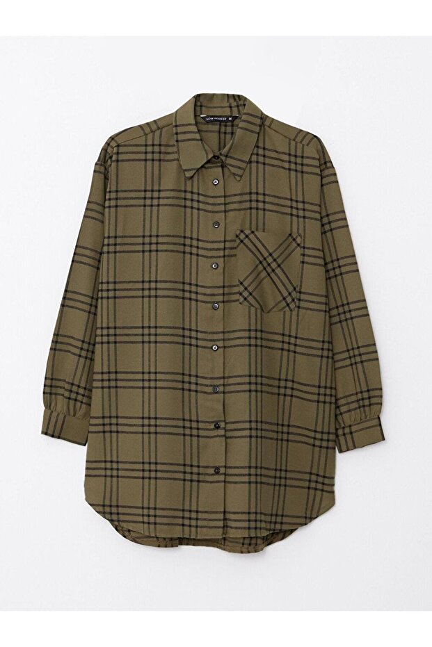 LCW Modest Gömlek Yaka Ekose Uzun Kollu Oversize Kadın Tunik - 5