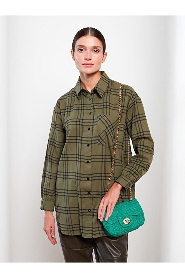 LCW Modest Gömlek Yaka Ekose Uzun Kollu Oversize Kadın Tunik - 2