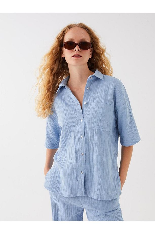 LCW Vision Düz Kısa Kollu Oversize Kadın Gömlek - 1
