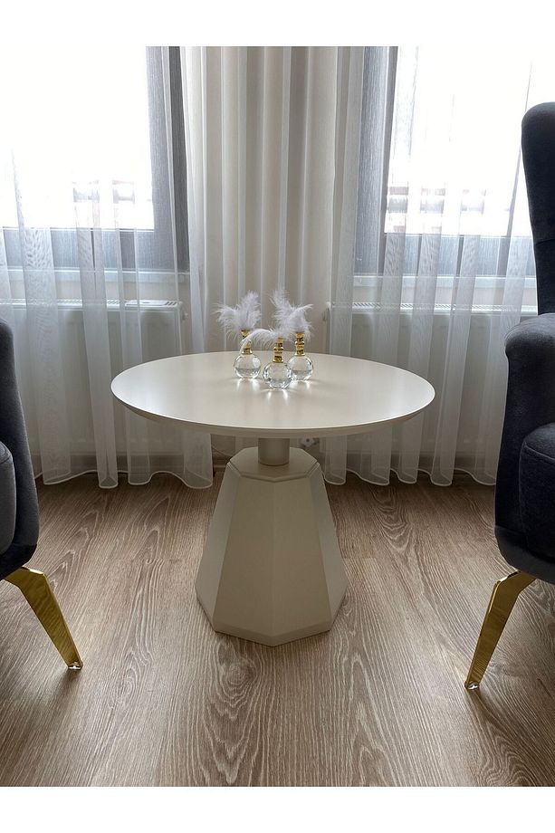 Pera Orta Sehpa. Birinci Sınıf Ahşap Mdf Krem Renk Üst Tabla 60cm/çap - 1