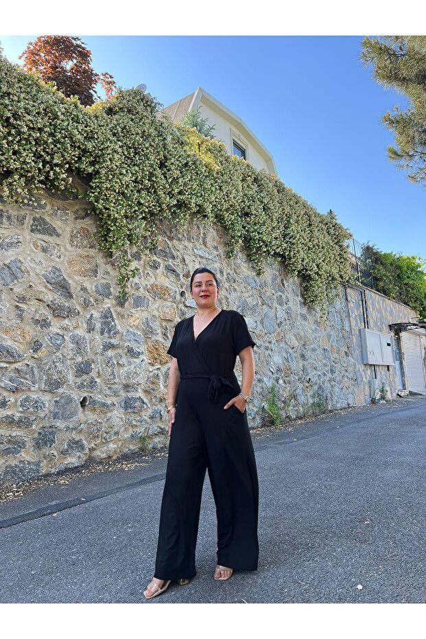 Siyah Kruvaze Yaka Viskon Örme Tulum - 6