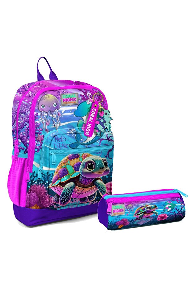 Elementary School Backpack and Pencil Case Set - Pink and Purple Turtle - Girl