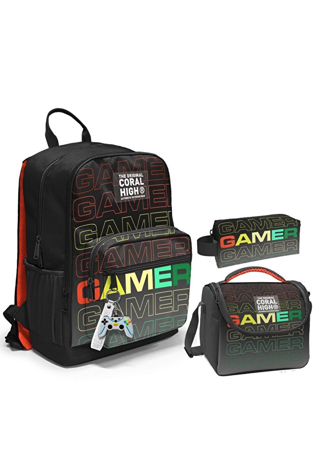 Triple Primary and Secondary School School Bag Set - Black Gray Gamer - Boy