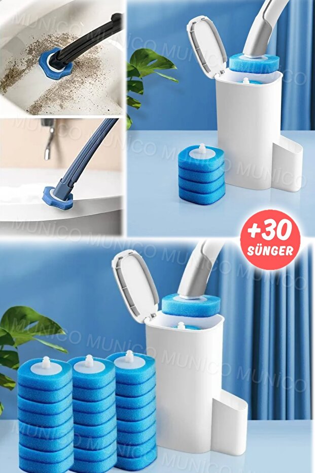 Tek kullanımlık Tuvalet Fırçası Seti Tuvalet Değnek Seti Uzun Saplı Banyo Tuvalet Fırçası +30 Sünger - 4