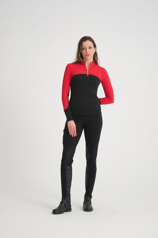 Red Color Black Garnished Zippered Rider Women's T-Shirt