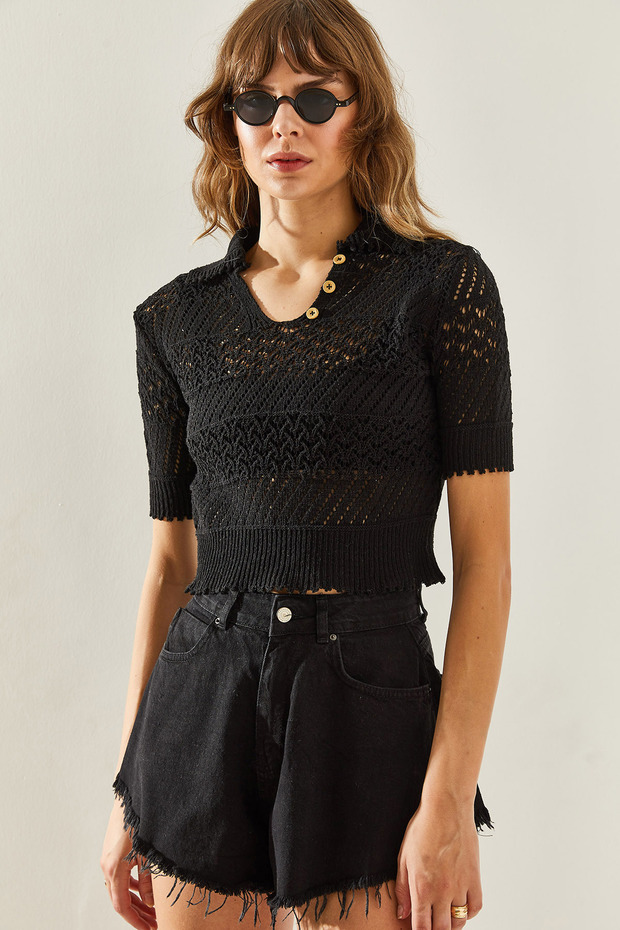 Women's Black Collared Knitwear Blouse 20246160