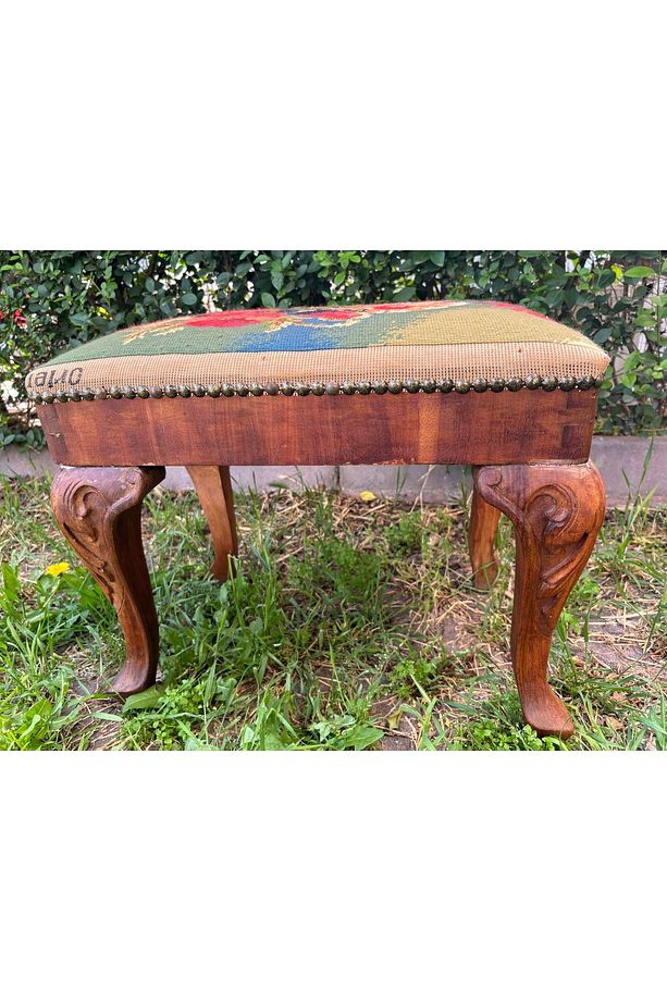 antika goblen döşemeli ahşap alman puf - tabure - piyano taburesi - 47 cm 33 cm 40 cm ölçülerinde - 7