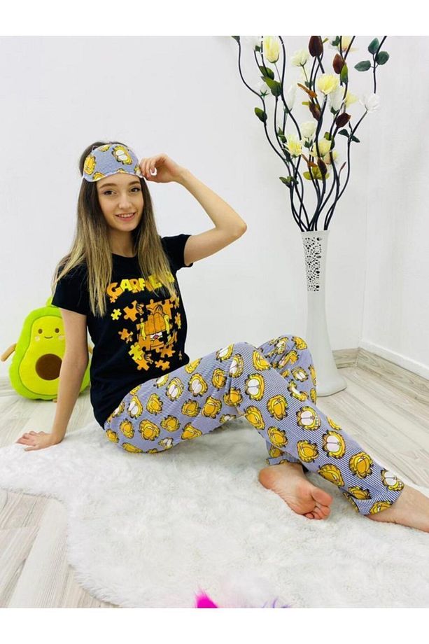 Puzzle Garfield Baskılı Pamuklu Bayan Pijama Takımı - 1