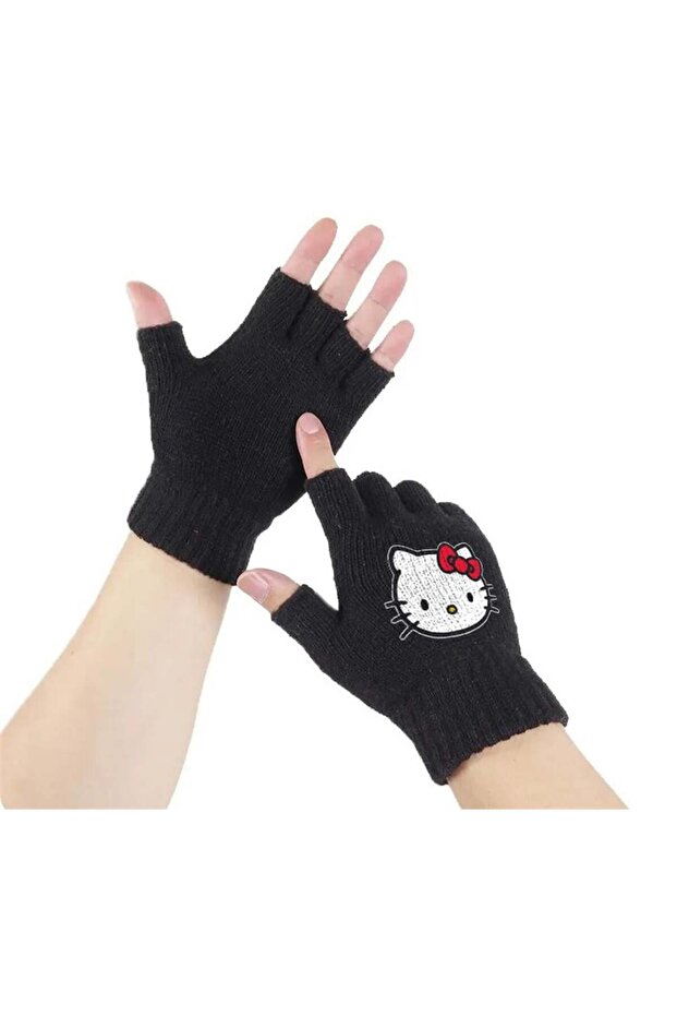 Hello Kitty Head Baskılı Unisex Siyah Kesik Çift Eldiven - 1