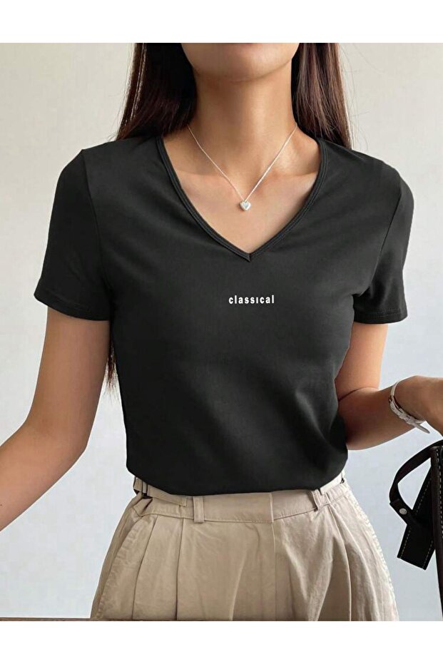 V Yaka Basic Pamuklu CLASSİCAL Baskılı Tshirt - 1