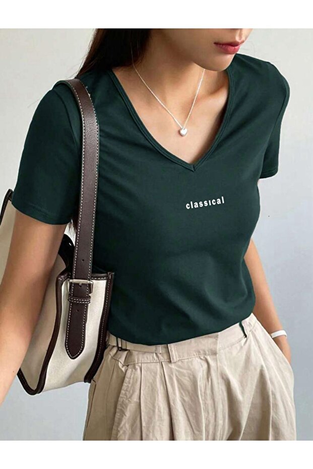 V Yaka Basic Pamuklu CLASSİCAL Baskılı Tshirt - 2