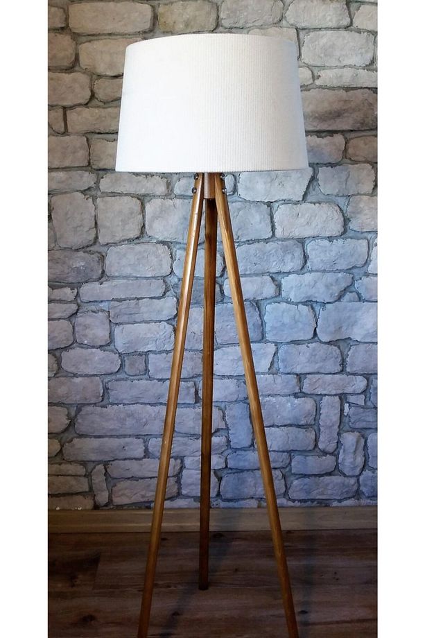 Oval 3 Ayaklı Masif Lambader,tripod( Kemik- Açık Ceviz) - 1