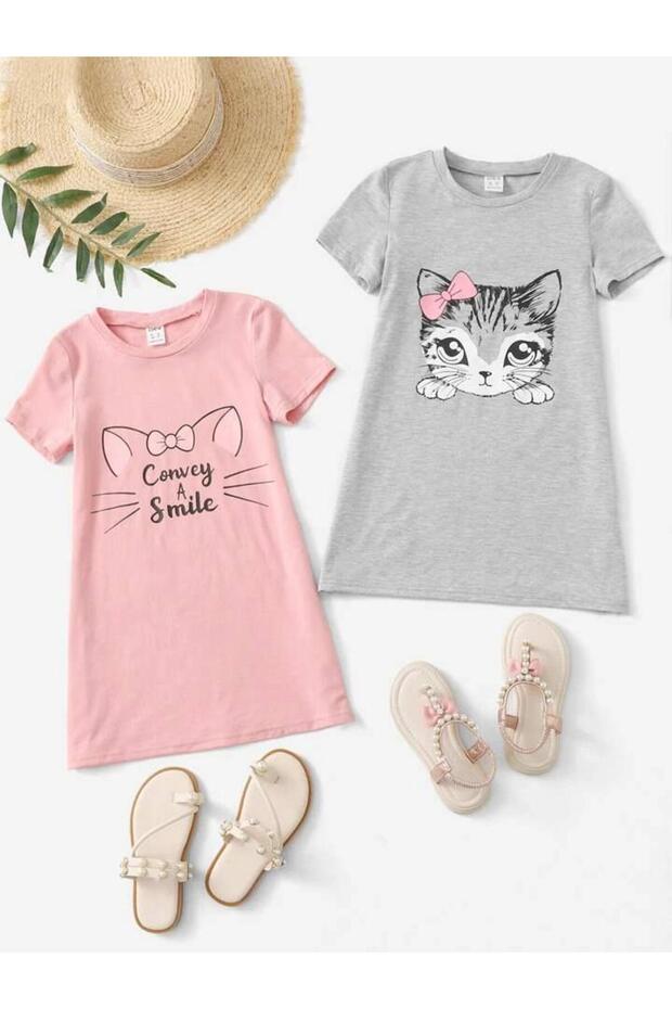Girl's 2 Pack Cat Printed Pink-Grey T-Shirt-Dress
