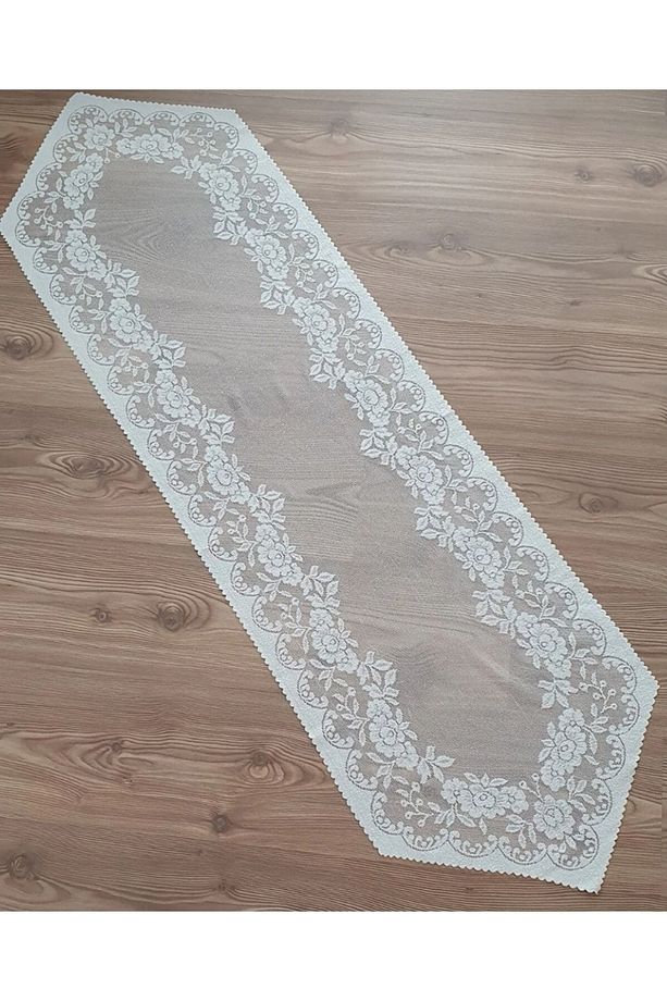 Güllü Desen Örme Tül Runner Örtüsü 40x140 (KREM) - 3