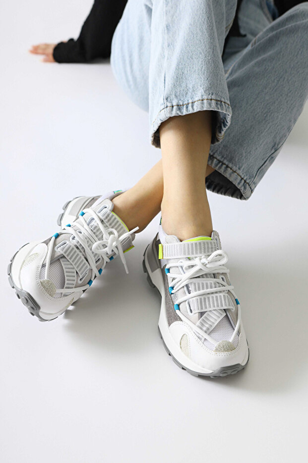 Nely White Asymmetrical Lace-Up Women's Sneakers, Women's Sneakers
