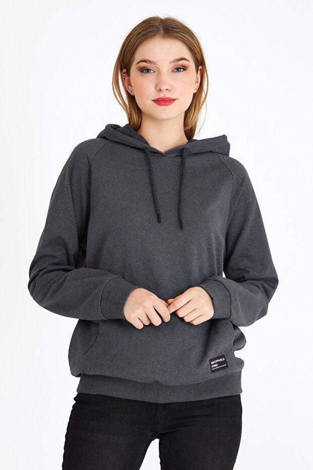 Kadın Antrasit Basic Kapüşonlu Regular Fit Rahat Sweatshirt - 2