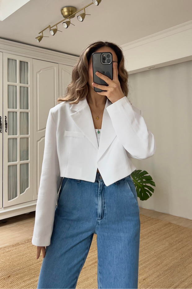 Kurze Leinenjacke - Weiß - 1