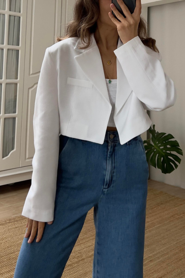 Kurze Leinenjacke - Weiß - 4