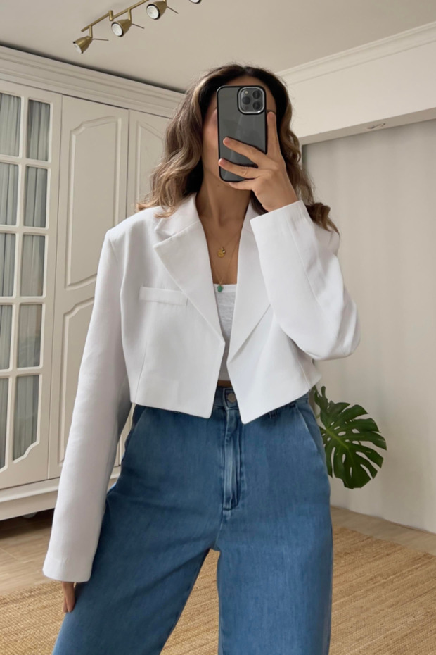 Kurze Leinenjacke - Weiß - 2