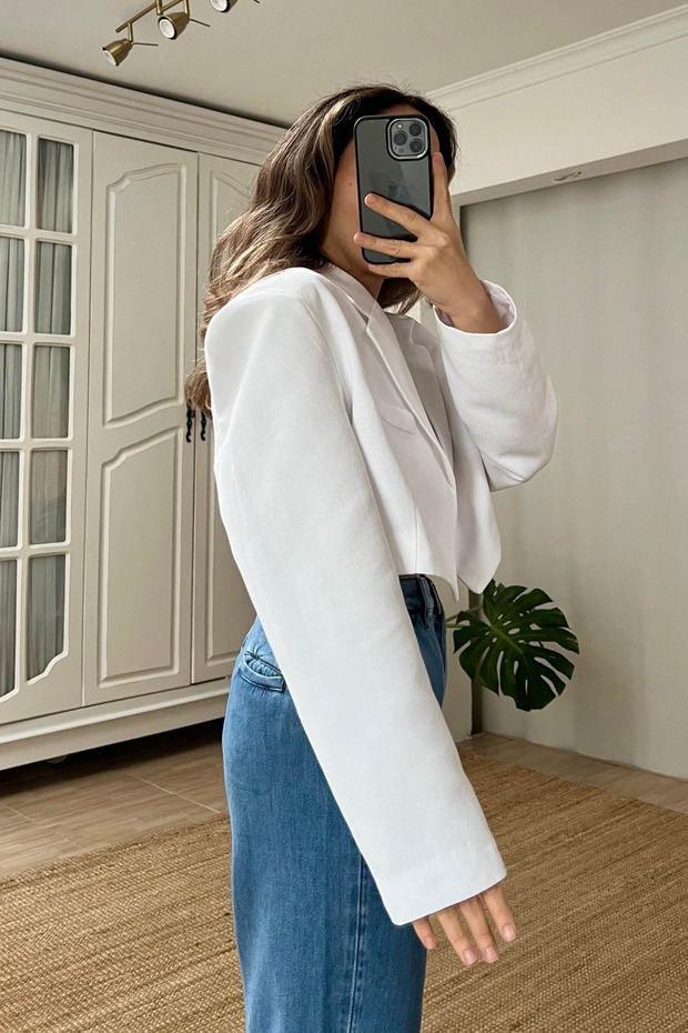 Kurze Leinenjacke - Weiß - 5