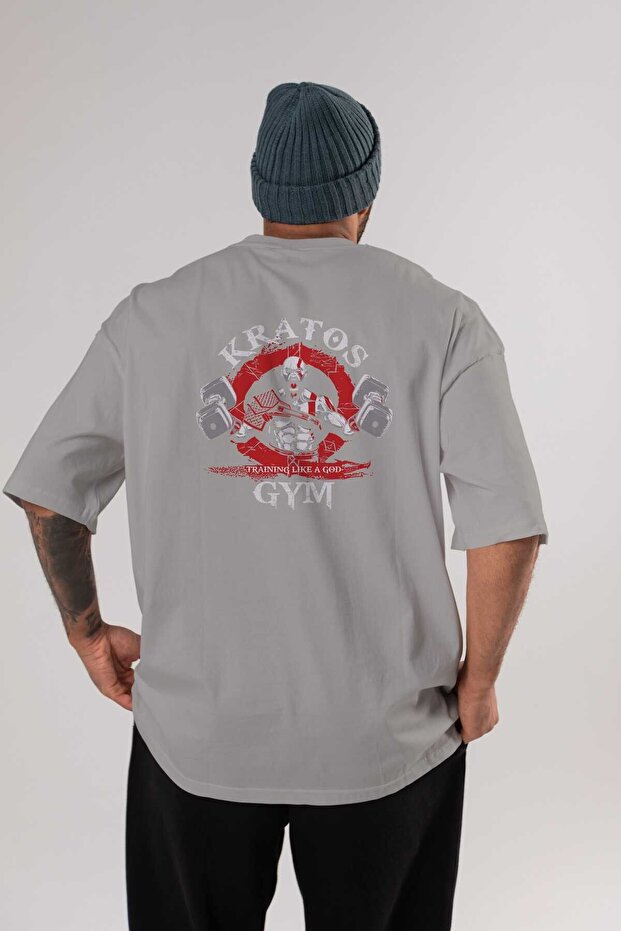 Kratos Gym Back Printed Gray Oversize T-Shirt Crew Neck Cotton Men's Women's