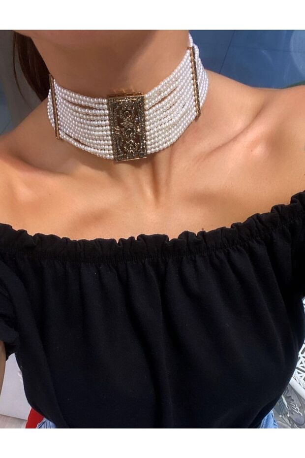 Daisy Diamond Mounted Hematite Zircon Stone Antique Bronze Pearl Collar Necklace