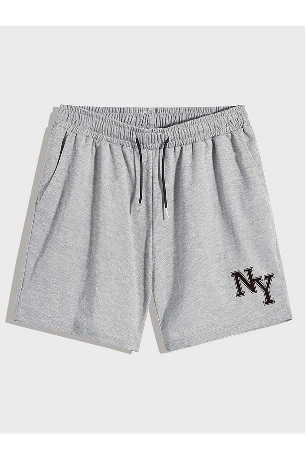 NY Minimal Detay Basklı Bol Kesim Salaş Penye Şort - Siyah ve Gri Yüksek Bel Cepli Unisex Şort - 1