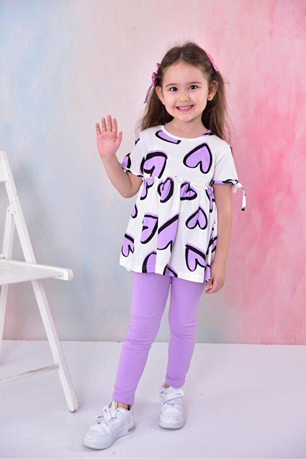 Lila Kız Çocuk Kalp Baskılı T-Shirt Tayt Örme Alt-Üst Takım TKDSS24AU00032 - 1