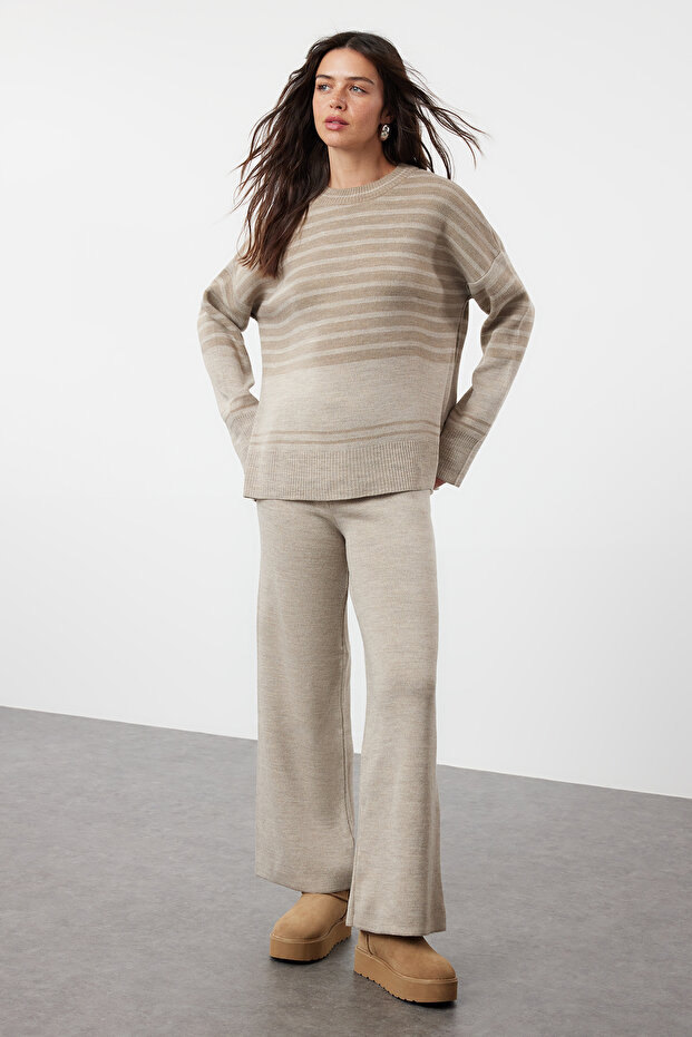 Stone Wide Pattern Color-Blocked Knitwear Top and Bottom Set Twoaw24Au00041