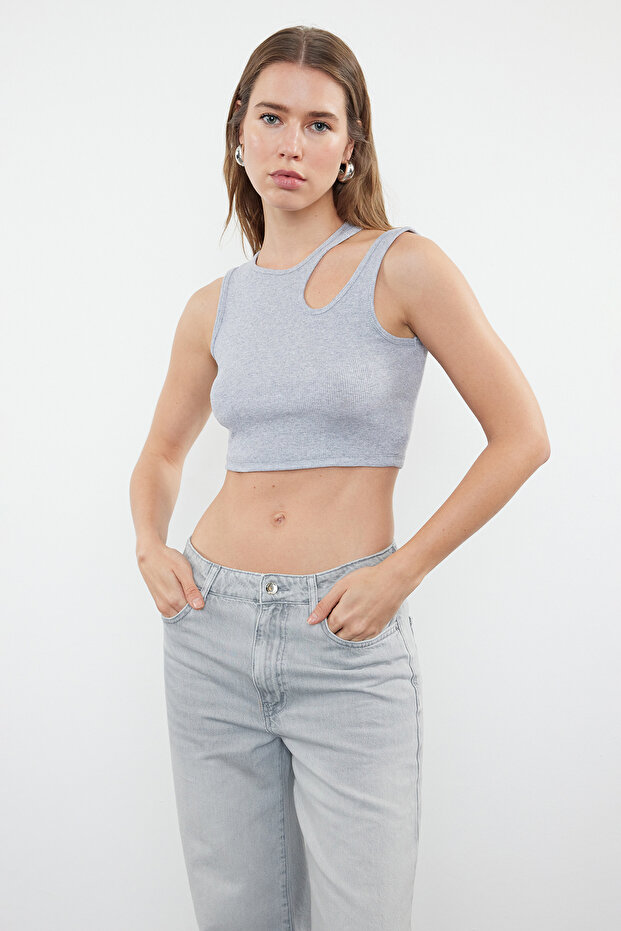 Siyah-gri melanj 2'li Paket Cut Out Detaylı Fitted Crop Fitilli Esnek Örme Atlet TWOSS23AL00006 - 5