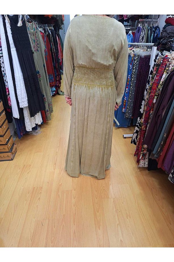 kadın  haki  %100 Pamuk uzun  kol nakış işlemeli  beli lastikli etnik-otantik- Bohem-hint elbise - 3