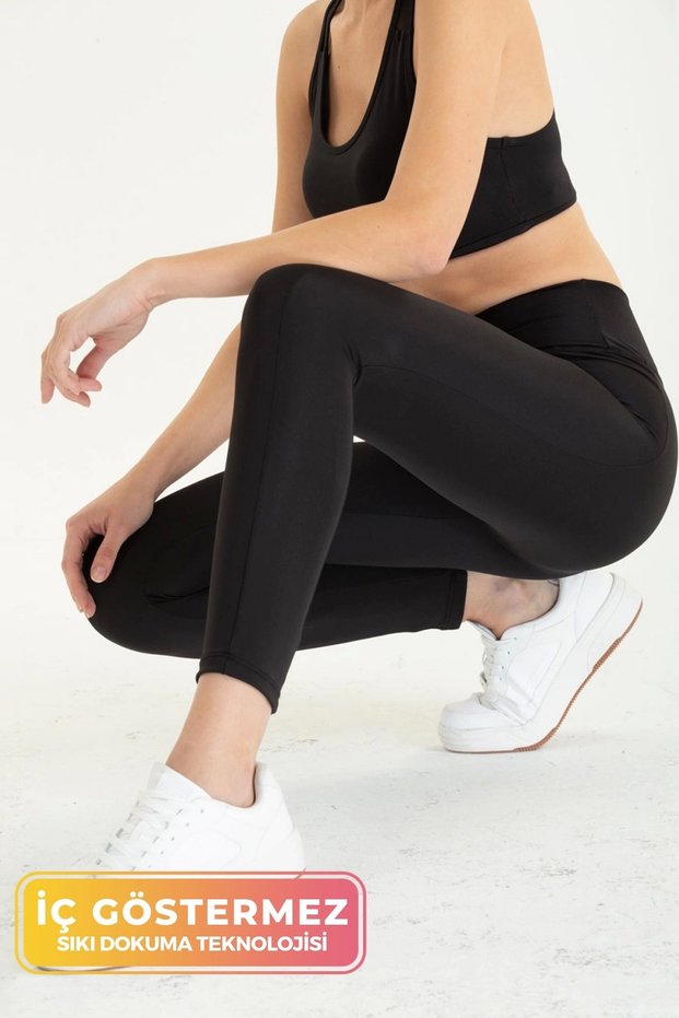 New Season Women's Comfort Model Tights with Pockets High Waist Corset Push Up Tights with Feature Black