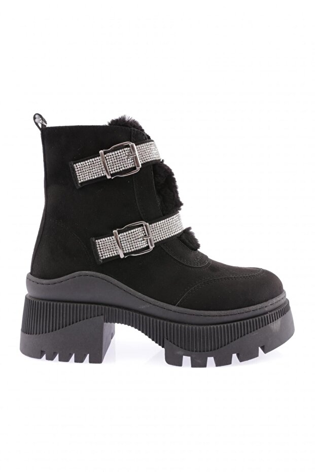 22011 Women's Fur Detailed Zippered Thick Sole Siver Stone Boots Black Suede