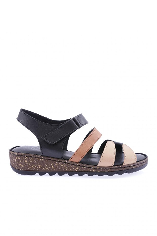 320-23Y Women's Strappy Velcro Sandals Genuine Leather Black Garni