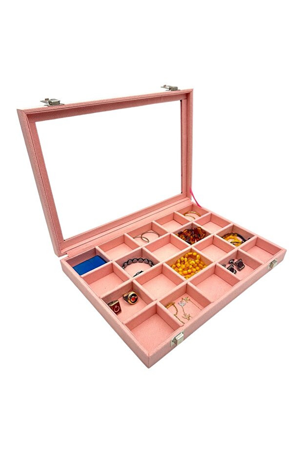 Compartmented Jewelry and Accessory Box Organizer with Pink Glass